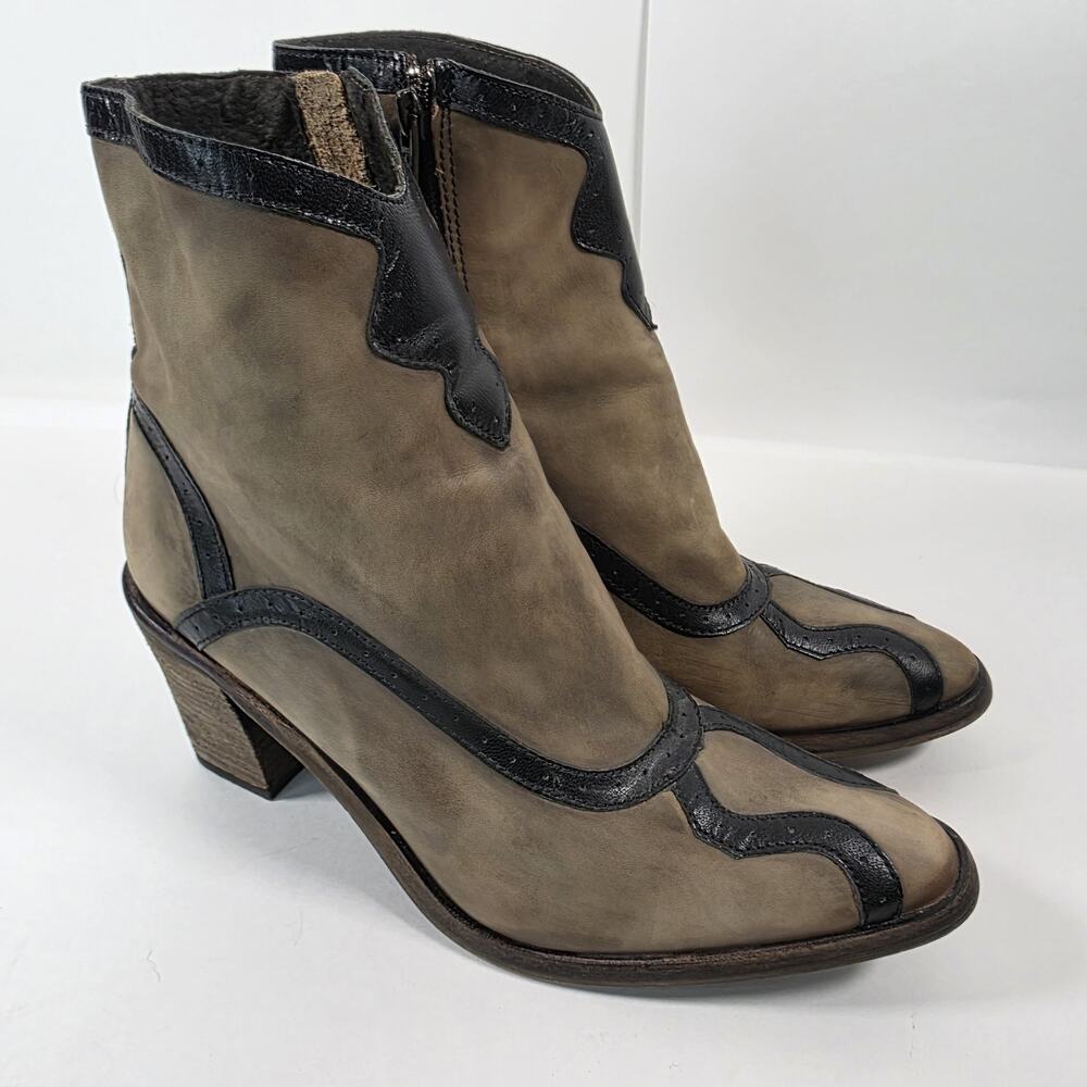 Free People Taupe Suede Ankle Boots with Black Patent Trim